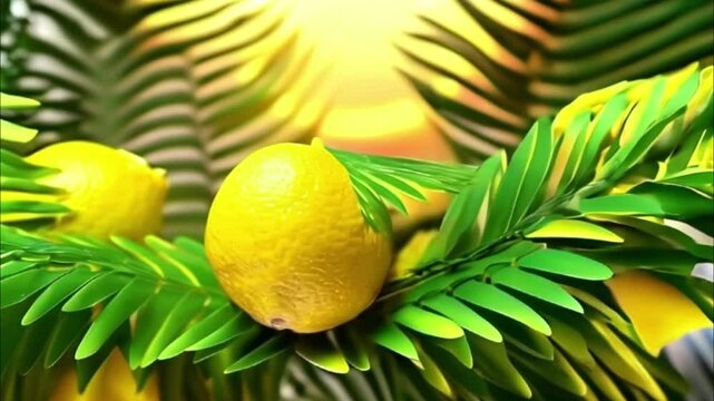 Lemon with leaves for celebration holiday sukkot, abstract vivid composition consists of background