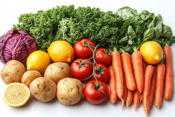 a pile of fresh vegetables, including tomatoes, carrots, potatoes, ca