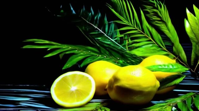 Lemon with leaves for celebration holiday sukkot, abstract vivid composition consists of background