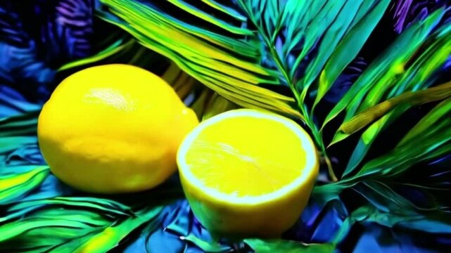 Lemon with leaves for celebration holiday sukkot, abstract vivid composition consists of background