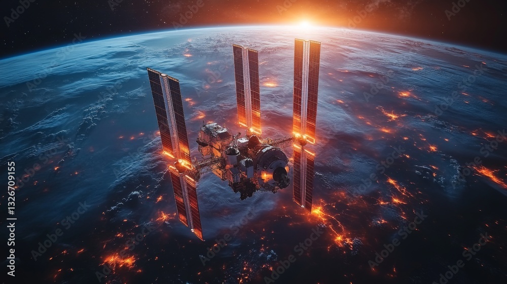 Poster a spacecraft orbits earth, showcasing its advanced technology including telemetry transmission syste