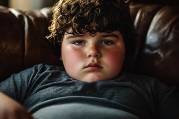 Obraz premium Portrait of a Caucasian Boy with Curly Hair and Freckles Sitting on Leather Couch