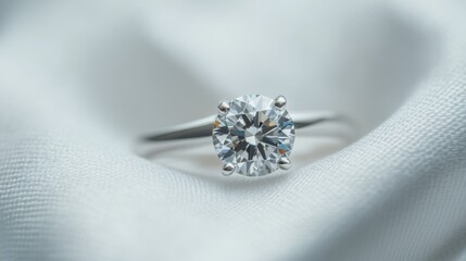 A macro shot of a flawless round-cut diamond ring on a white satin background