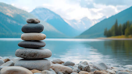 Stacked Stones on Lake Shore with Mountain View for Meditation and Balance