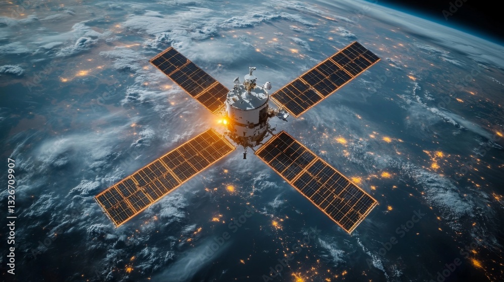Poster A satellite orbits Earth while transmitting crucial telemetry data. The spacecraft utilizes solar panels to power its systems, supporting GPS and GNSS for accurate positioning and tracking.