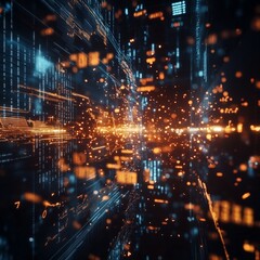 Obraz premium Explosion of financial graphs and numbers in mid-air, chaos in the economy, cinematic view Dynamic digital data flow with glowing particles and vibrant colors. Hyper-Realistic & Conceptual Abstracts