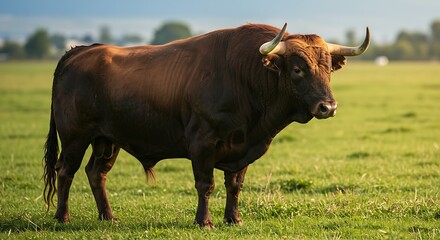 Majestic Bull Standing Tall in Green Pasture on Sunny Day