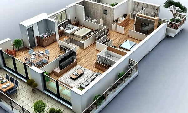 Detailed floor plan view from above, interior design, apartment, living room, bedroom, light wood floors