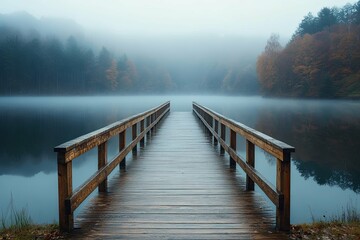 Naklejka premium Wooden pier extends into foggy water with trees in background
