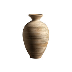 A beige clay vase with a horizontal striped pattern, against a b