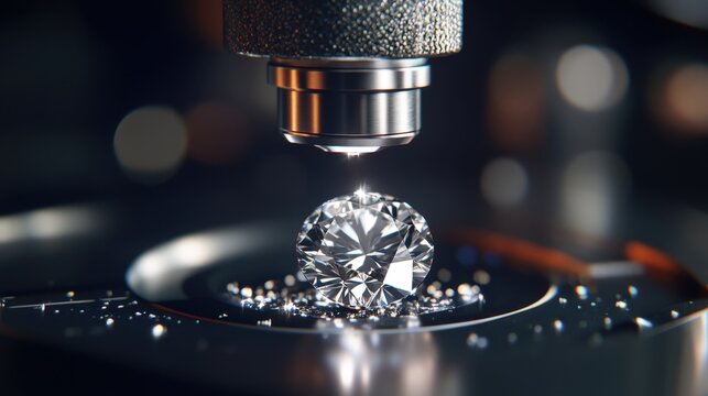 A magnified view of a brilliant-cut diamond being inspected under a microscope