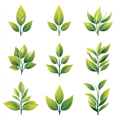 Green leaf vector icon set isolated on white background, simple flat design logo style. Collection of green tea leaves symbols for natural, organic products, and environmental protection concepts. Per