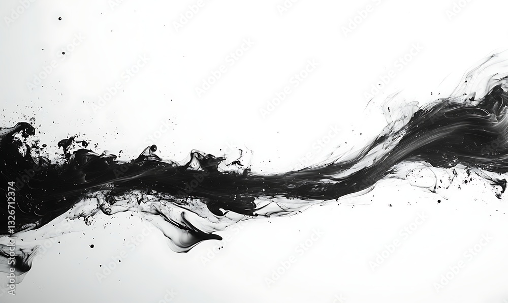 Poster abstract black ink splatter on a white background creating a dynamic flow effect.