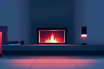 Simple linear icon of a contemporary fireplace in cool azure, sleek lines, and minimalistic design.