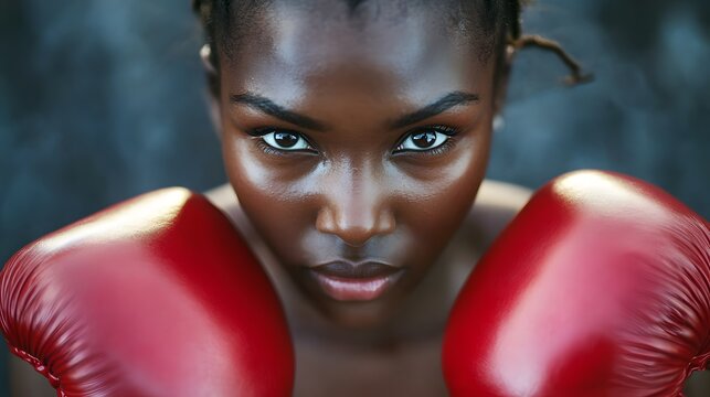Determined female boxer wearing red boxing gloves getting ready for the fight - Powered by Adobe