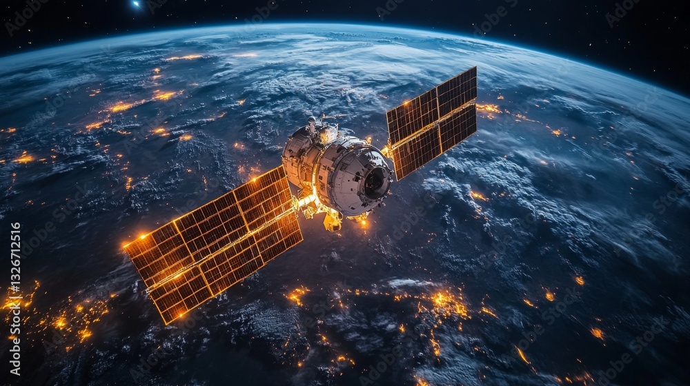 Poster a spacecraft orbits earth, equipped with solar panels and communication instruments.