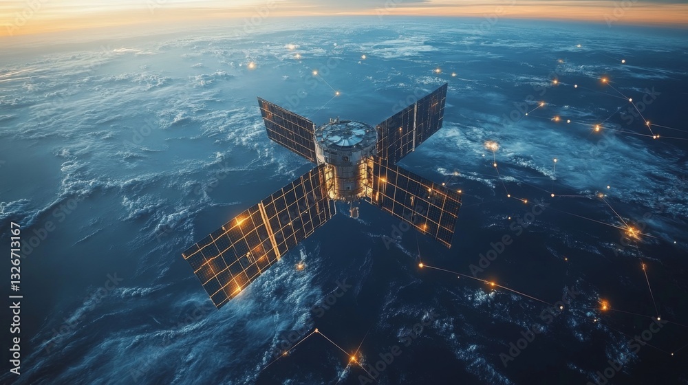 Poster A satellite orbits Earth, transmitting vital telemetry signals for GPS and GNSS applications. It serves as a key component for global positioning and tracking technologies.