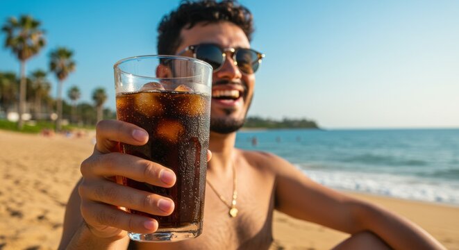 a cheerful person relaxing on a sunny beach, holding a glass filled with ice-cold Cola. The condensation on the glass glistens under the warm sunlight