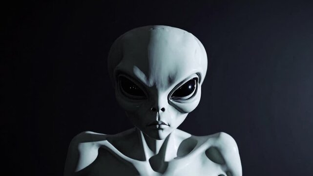 Close-up portrait of a classic grey extraterrestrial being with large black eyes, looking directly at the camera. A mysterious sci-fi concept of a cosmic encounter or visitation.