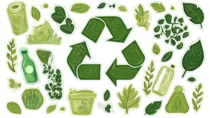 Recycling symbol surrounded by eco-friendly items