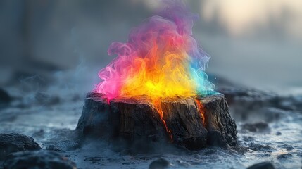 Magical Rainbow Fire Burning in a Dark Tree Stump at Dusk, Mystical Colorful Flames and Smoke Effect, Fantasy Nature Scene