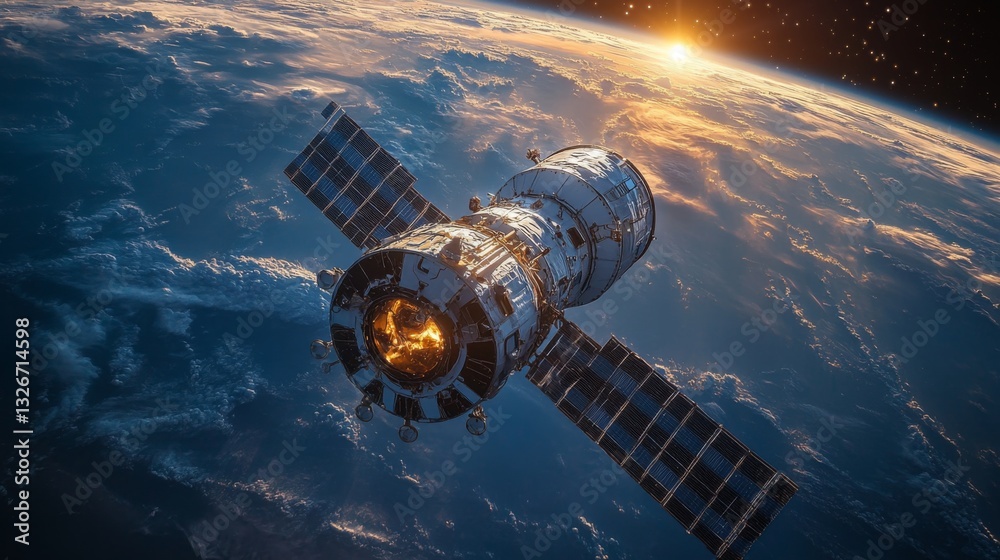 Poster A spacecraft orbits Earth in a low Earth orbit while transmitting telemetry and broadband signals to various ground stations. The sun sets in the background.