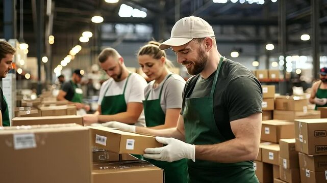 Volunteers at a Food Bank Organizing Donation Boxes Under Warm Lights