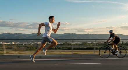 man running fast in middle of street, background blurred