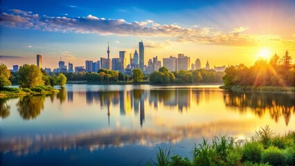 Fototapeta premium Distant City Skyline Summer Lake View - Urban Exploration Photography
