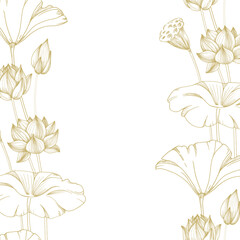 Obraz premium Lotus gold flowers, seed pod and leaves seamless border. Vector illustration hand drawn and isolated on white background. Template for label and logo design