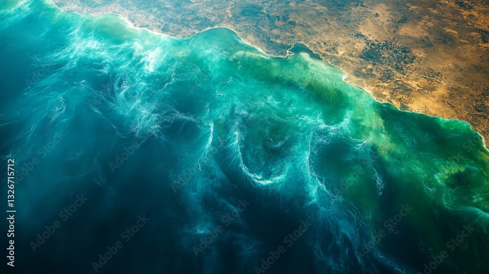 Poster a satellite captures detailed imagery of oceanic activities along coastlines, showcasing vibrant col