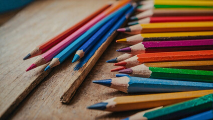 Naklejka premium Colorful pencils in an art studio bathed in natural light.