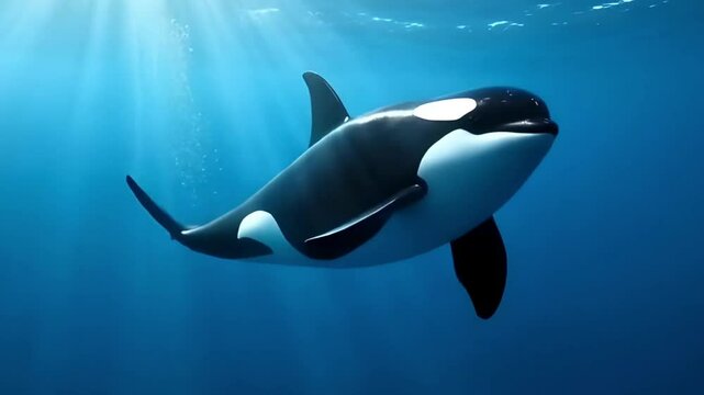 underwater shot of a pod of killer whales (orcas orcinus) circling the sun in the blue sea - seamless looping high quality 3d animation, generative AI