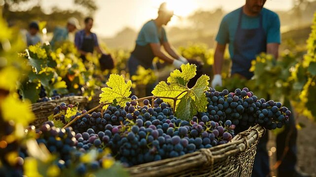 Vineyard harvest in golden light: workers gathering bountiful grapes at sunset