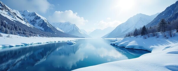 Snowy lake surface with mysterious ice formations, mountain range, winter scene