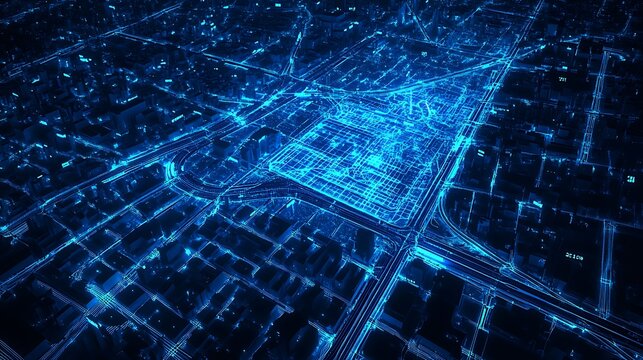 Aerial View of Glowing Cityscape with Blue Grid and Streets