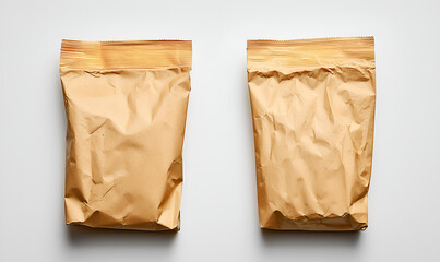 Two crumpled brown paper bags are positioned side by side on a plain surface, showcasing their textured appearance and simple design.