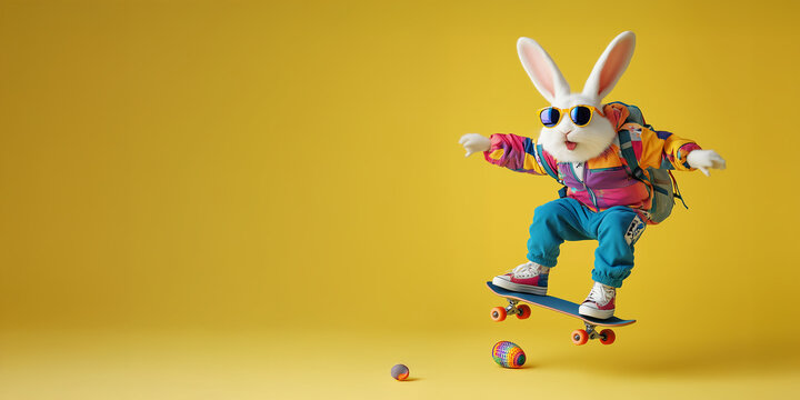 Colorful cool easter bunny with sunglasses on skateboard with eggs.  Abstract and funny easter yellow pastel background  copy space.