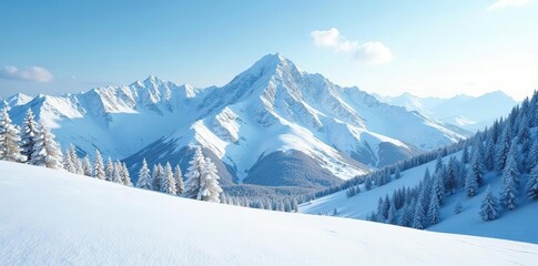 Snowy mountain landscape with rolling hills and powdery snow, serene, winter