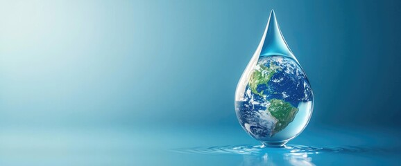 Obraz premium A transparent water droplet shaped like Earth rests on a reflective surface, symbolizing conservation and sustainability. Ideal for environmental awareness, climate action, and World Water Day