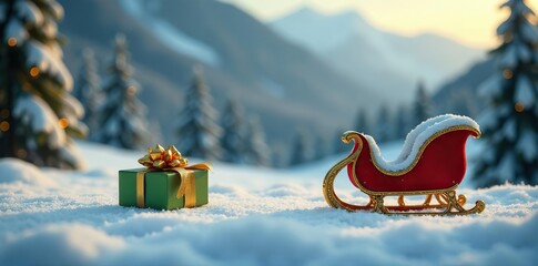 Snowy landscape with miniature sleigh in foreground, golden accents, green gold presents
