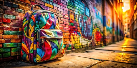 Fototapeta premium Graffiti-inspired backpack, ideal for photo adventures.