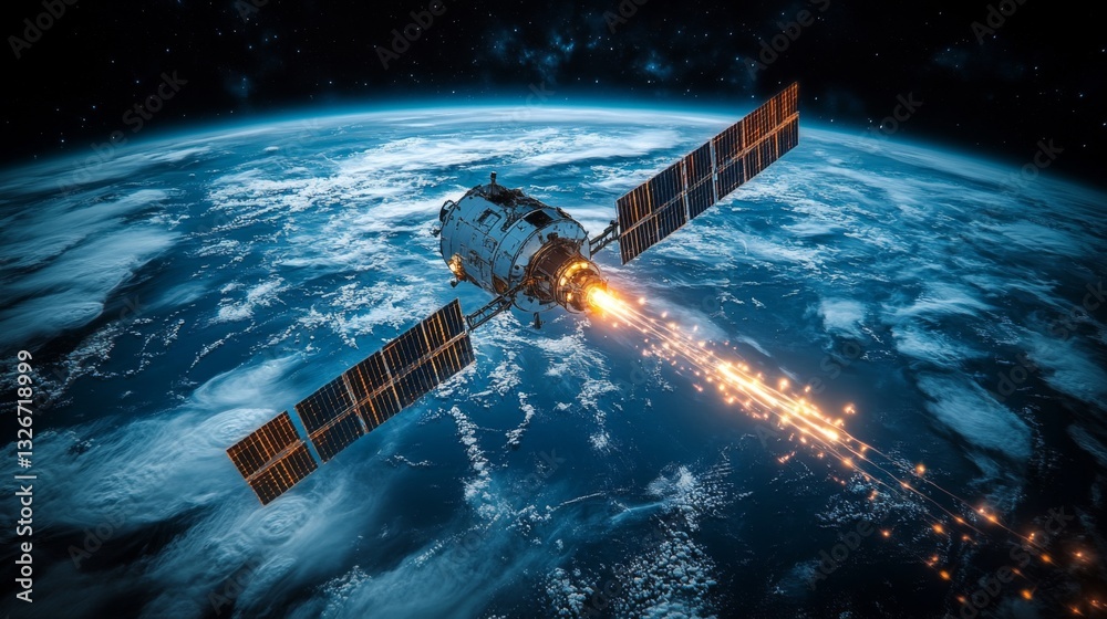 Aufkleber A satellite orbits Earth, actively transmitting signals for telemetry and positioning. It utilizes advanced technology for real-time tracking and GPS functionality in the vast expanse of space.