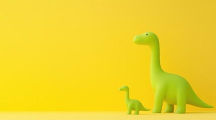 Fototapeta premium Cute Small Dinosaur Hugging Bigger Dinosaur on Bright Yellow Background for Fun and Playful Scenes