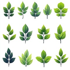 Green leaf vector icon set isolated on white background, simple flat design logo style. Collection of green tea leaves symbols for natural, organic products, and environmental protection concepts. Per