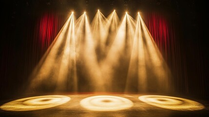 Gold Yellow spotlight show performance circle on stage with red curtain in background. Theater cinema comedy drama entertainment , movie film event scene, empty circus at night 