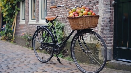 A Dutch-style sightseeing bike with a basket full of fruit, parked near a country farmhouse
