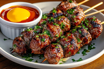 a plate of meat on skewers with herbs and sauce, a white bowl filled with ketchup next to it