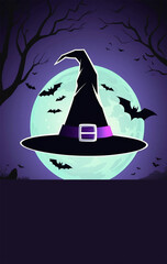 witch hat with bats over moon in purple night halloween
