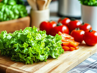 Fresh, colorful vegetables like leafy lettuce and ripe tomatoes are arranged on a wooden cutting board in a bright kitchen, creating an inviting atmosphere for meal prep